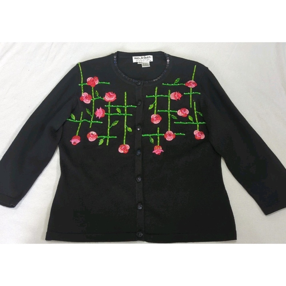 Jack B. Quick Vtg Womens Size Small Black Button Up 3/4 Sleeve  Beaded Roses 313